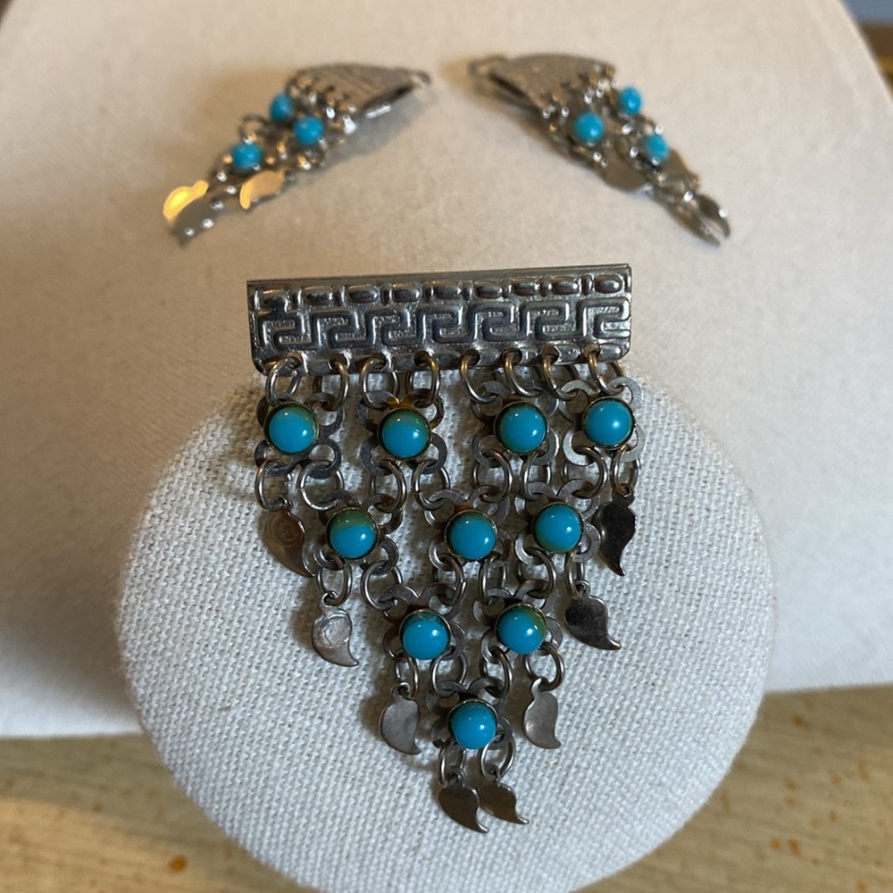 Vintage Silver and Turquoise Greek Brooch and Earrings Set